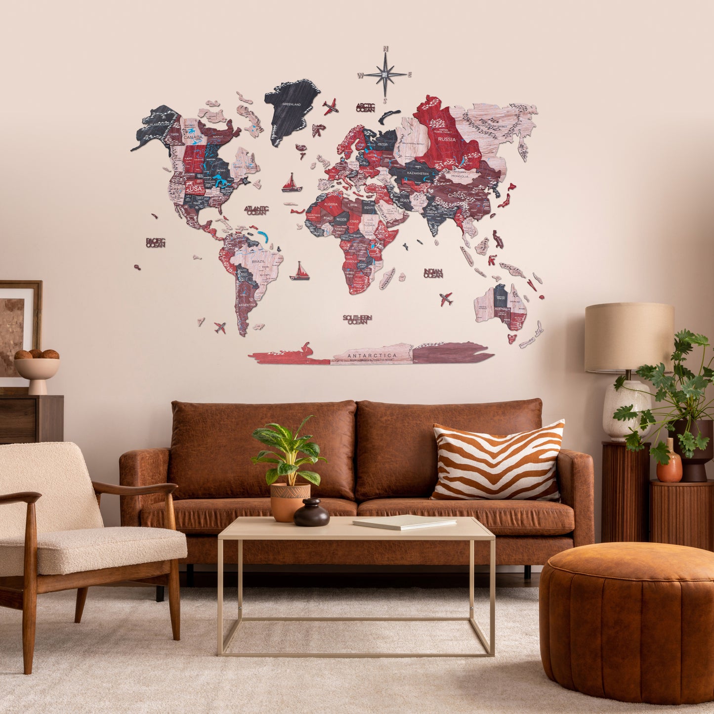 3D Wooden World Map Cliff