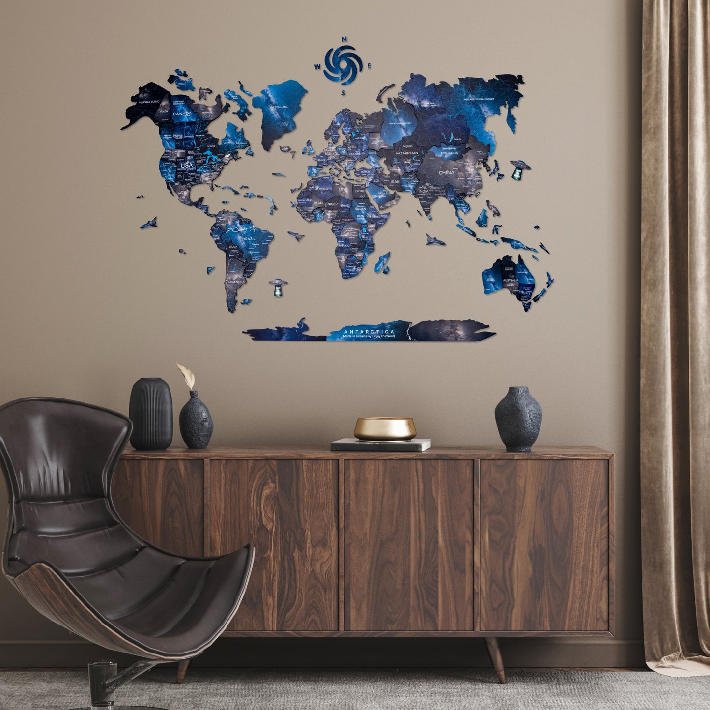 3D Wooden World Map Space