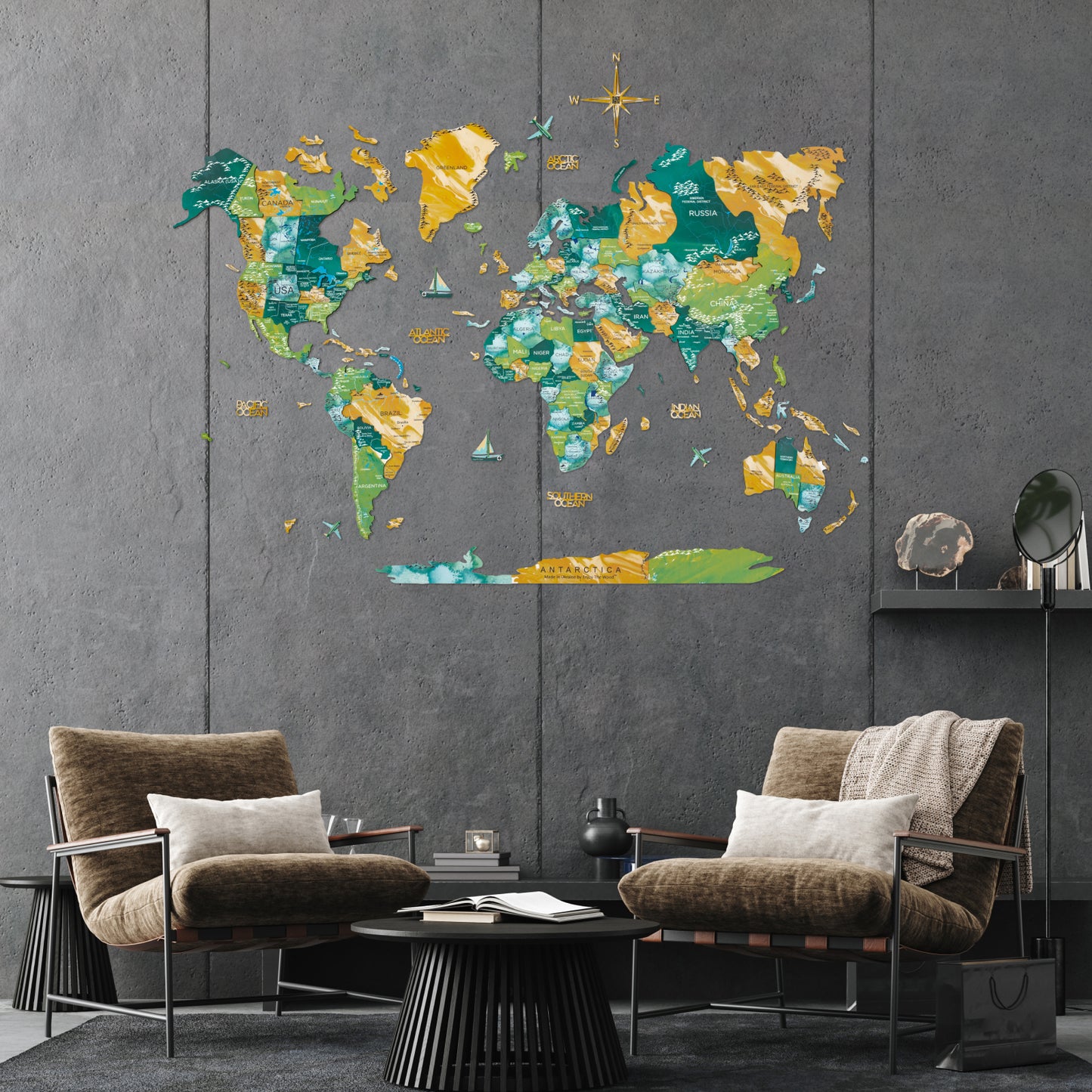 3D Wooden World Map Surface