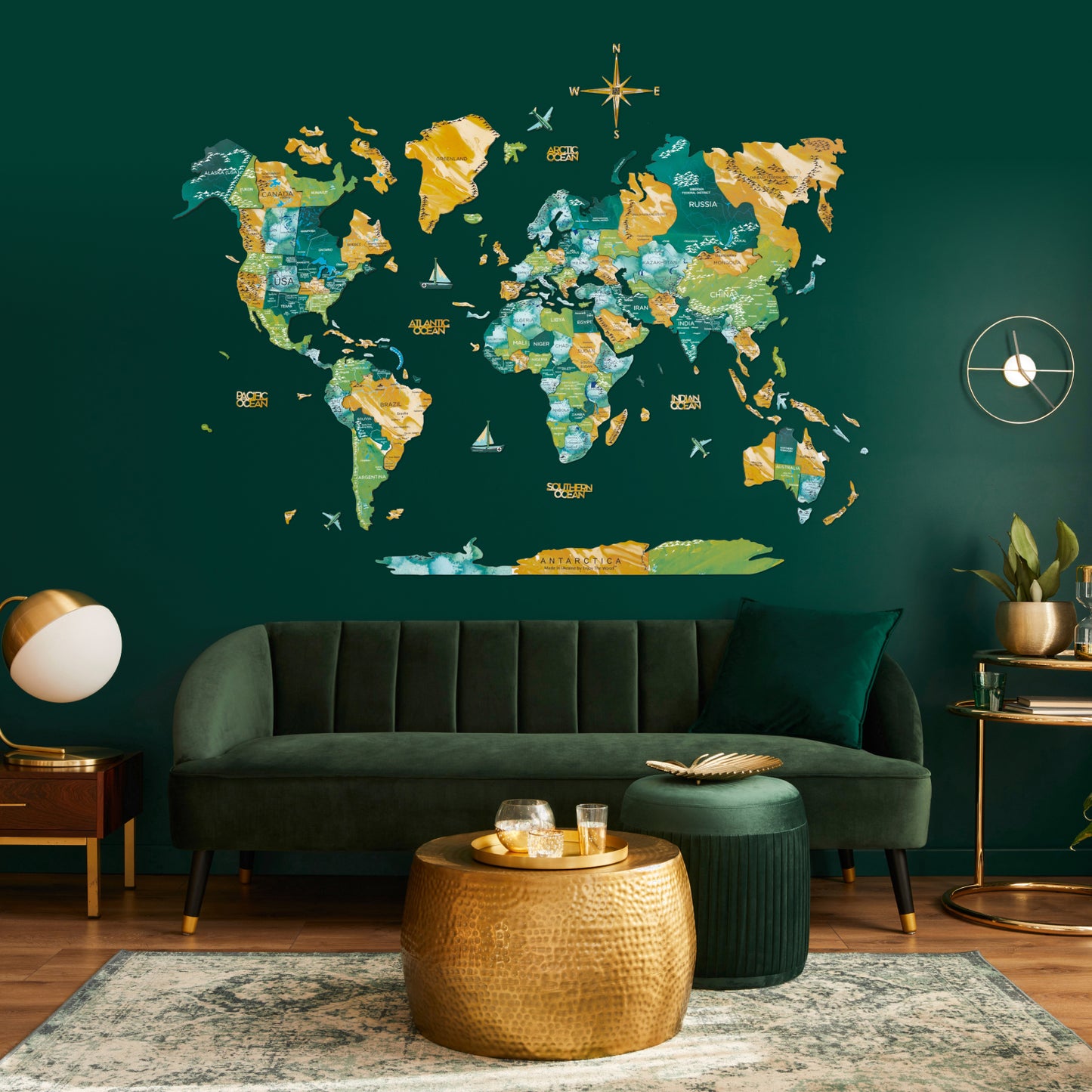 3D Wooden World Map Surface