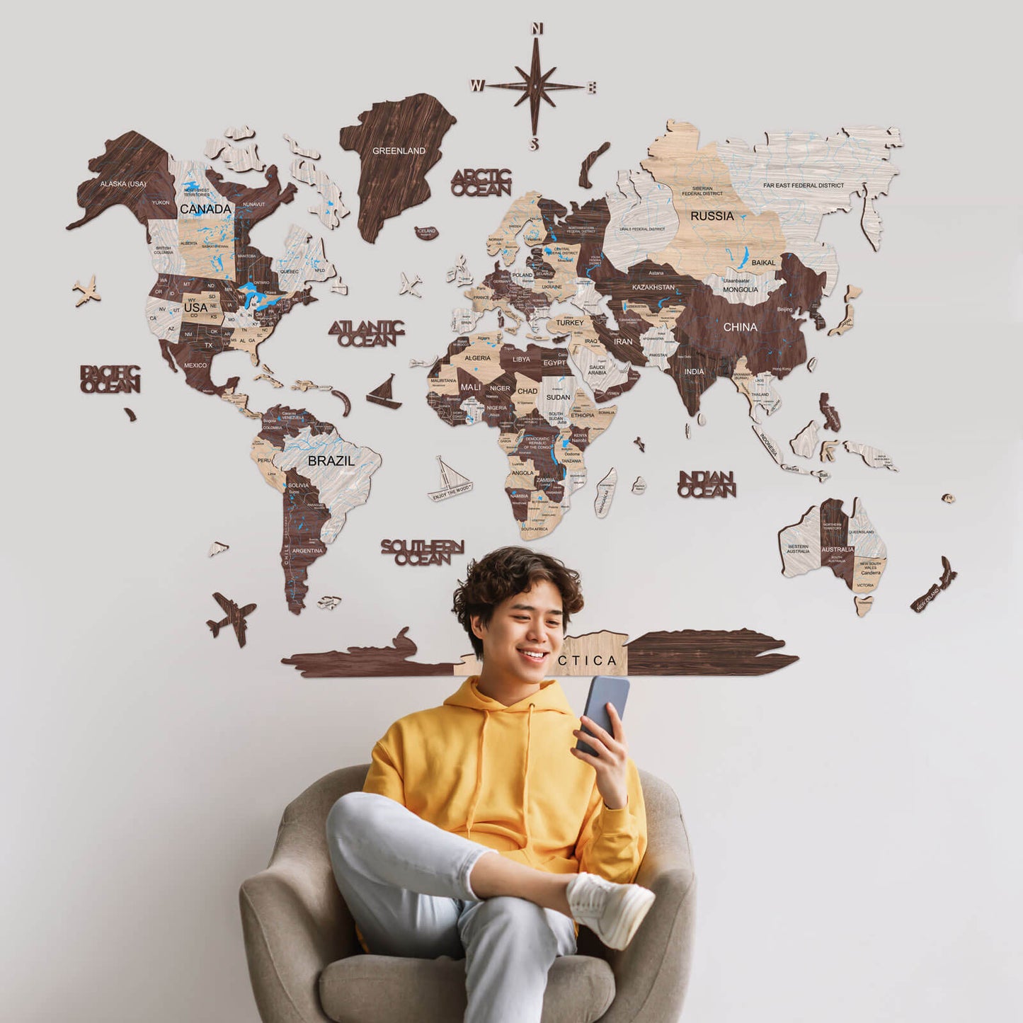 3D Wooden World Map Cappuccino (for the USA only)