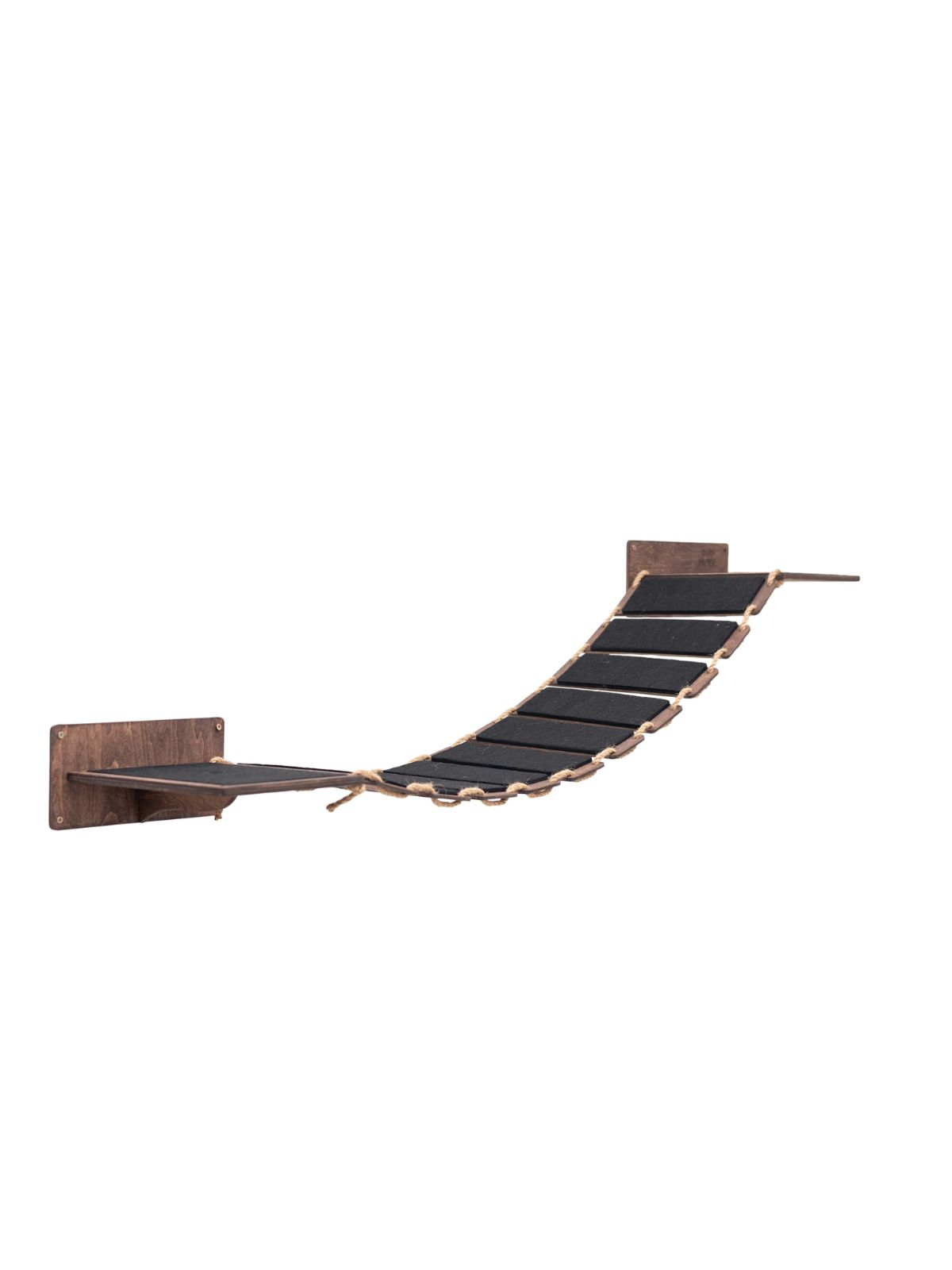 cat wall rope bridge in dark walnut color with black felt on it