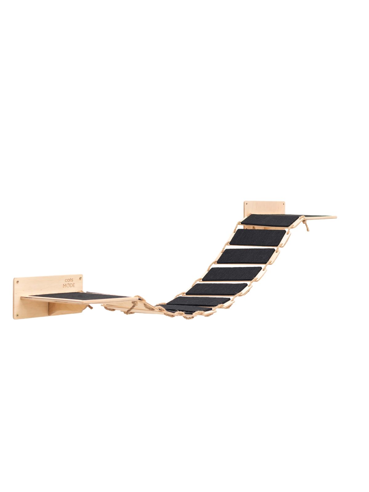 rope bridge for cats in light wood color covered with black felt
