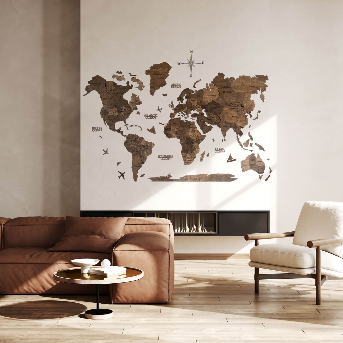 3D Wooden World Map Dark Walnut
