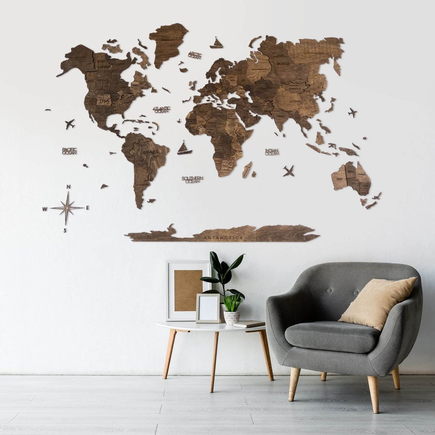 3D Wooden World Map Dark Walnut