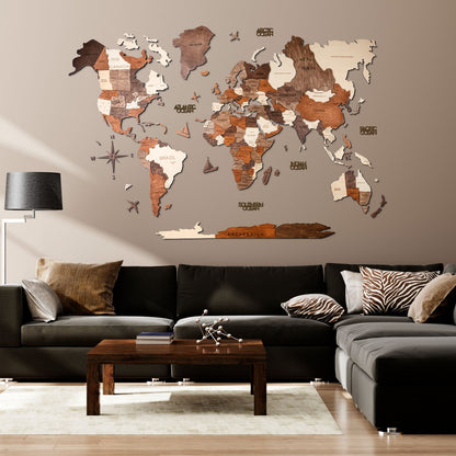 3D Wooden World Map Multicolor