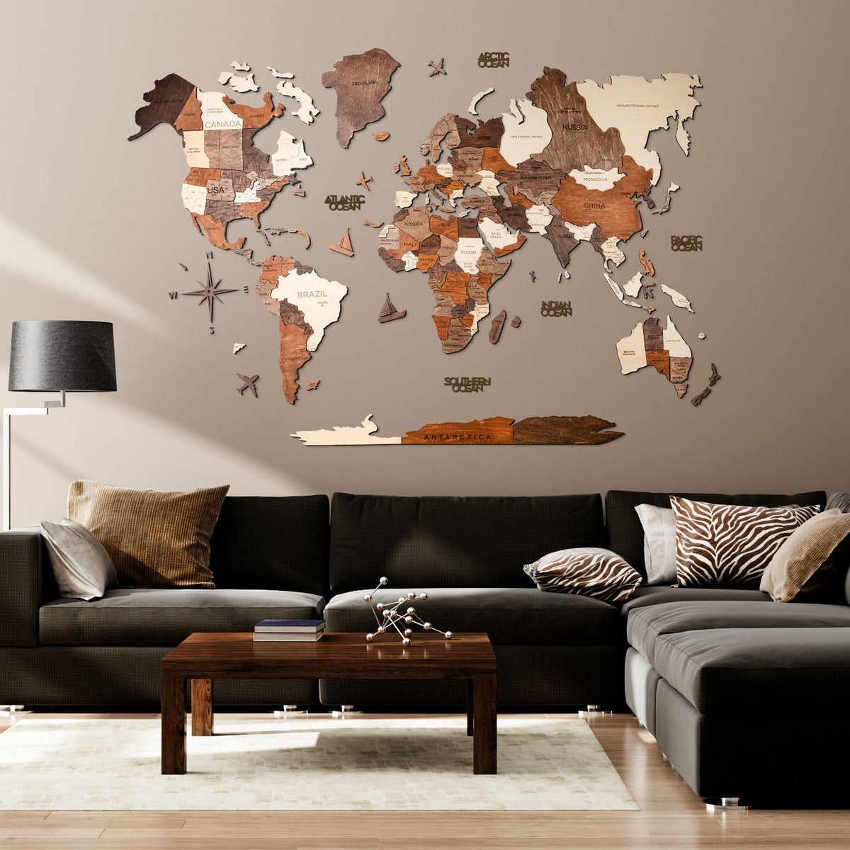 3D Wooden World Map Multicolor (for the USA only)