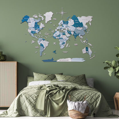 3D Wooden World Map Aqua