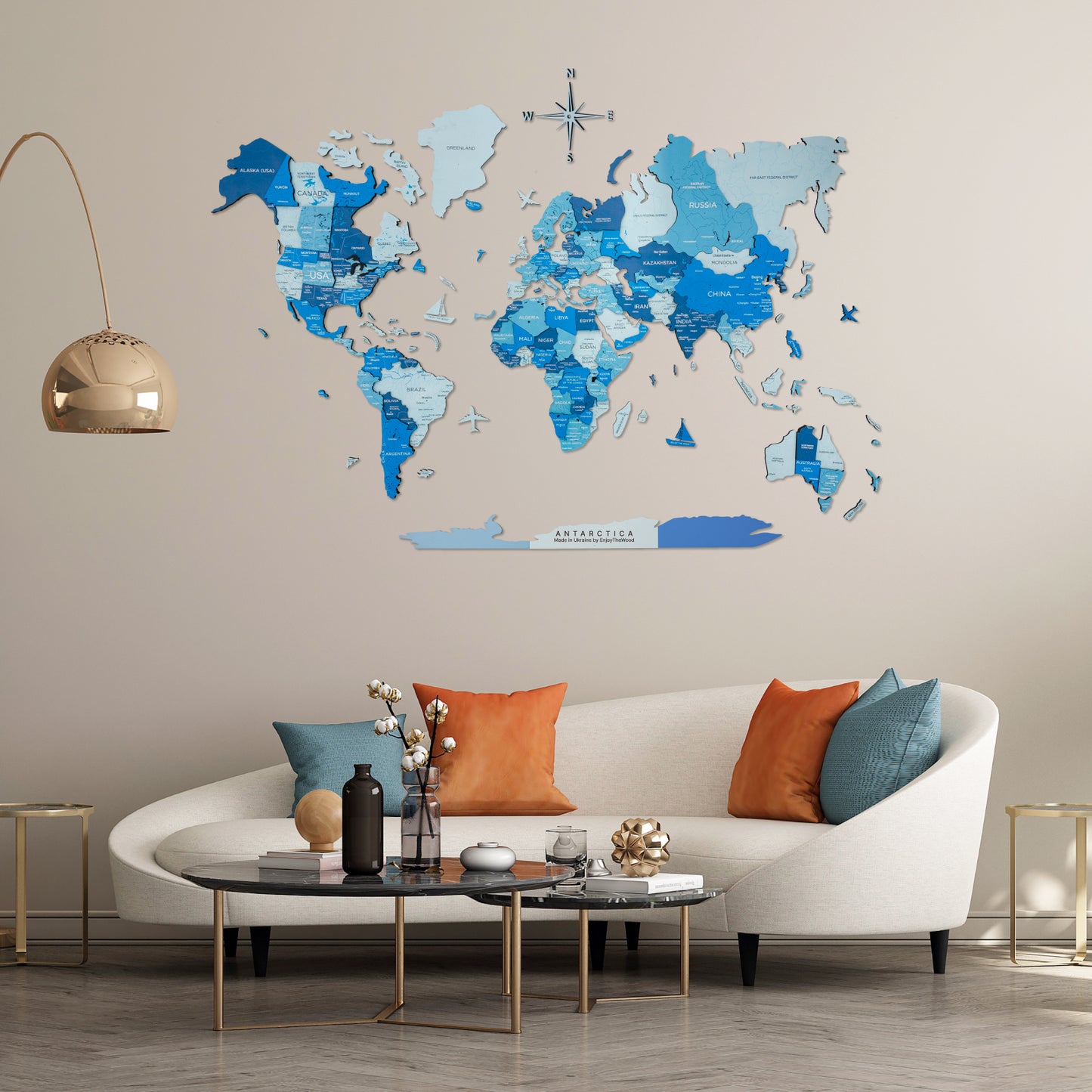 3D Wooden World Map Azure