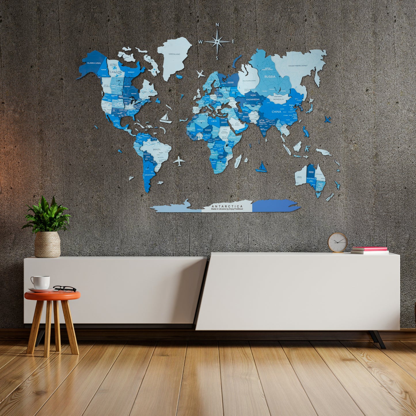 3D Wooden World Map Azure