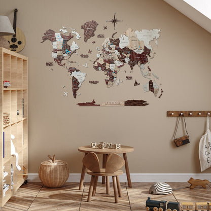 3D Wooden World Map Cappuccino