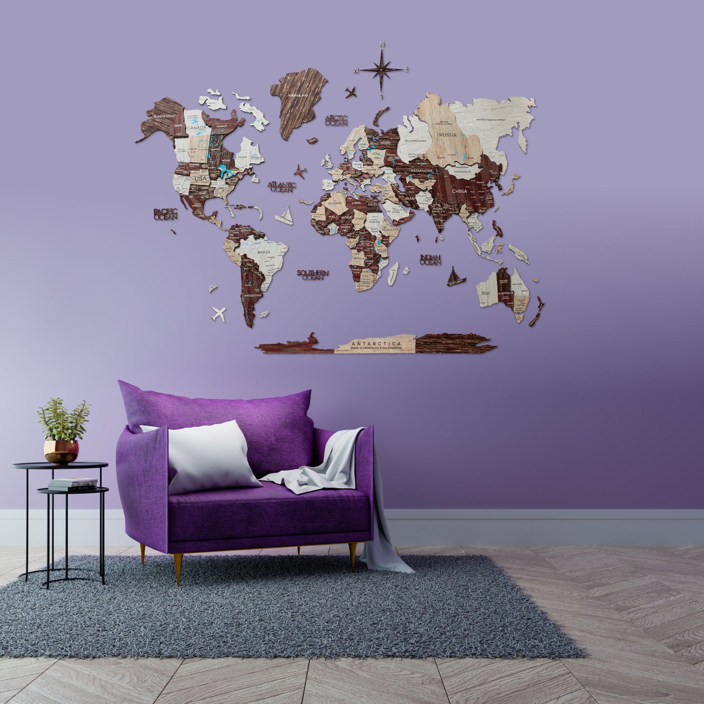 3D Wooden World Map Cappuccino