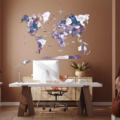 3D Wooden World Map Milky Way