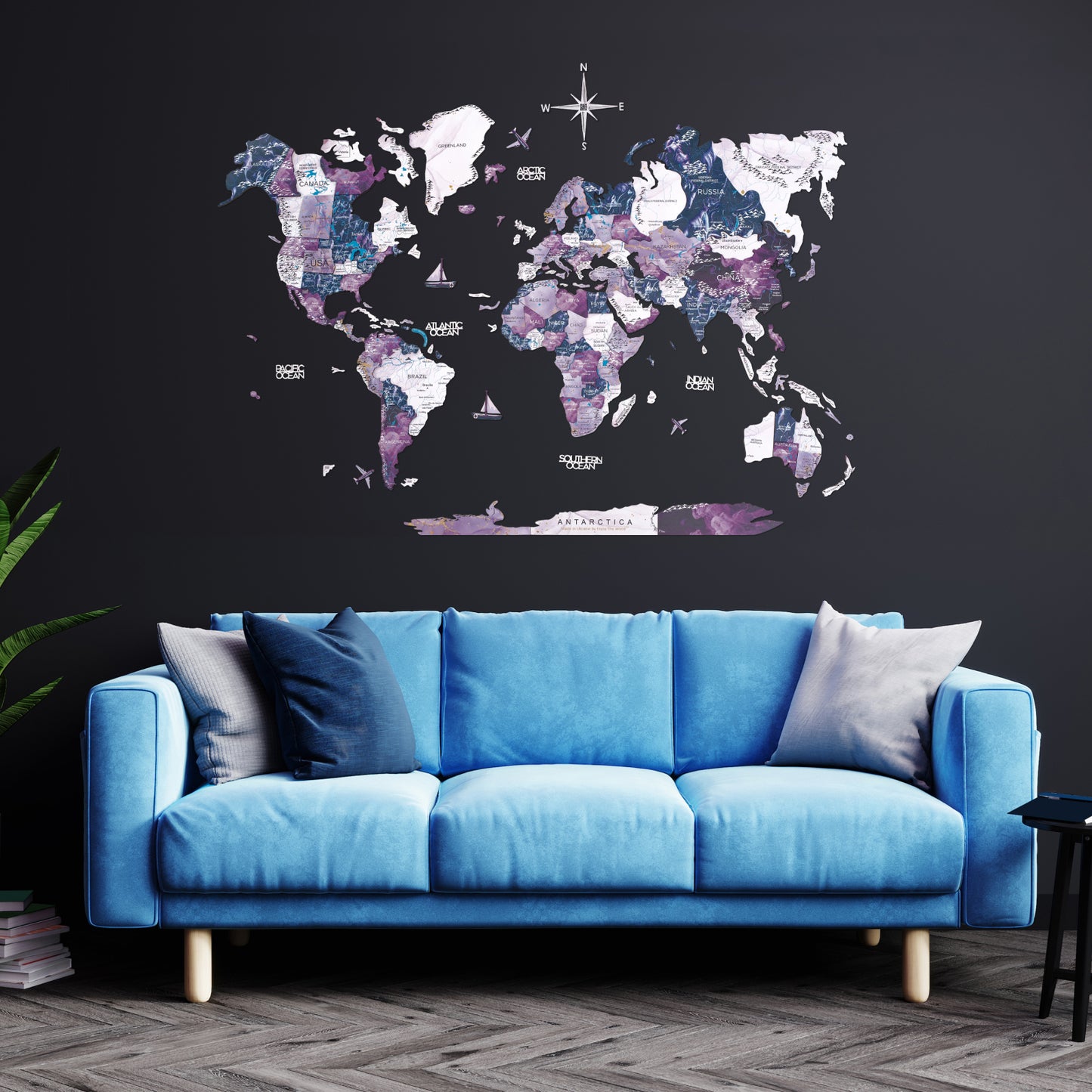 3D Wooden World Map Milky Way