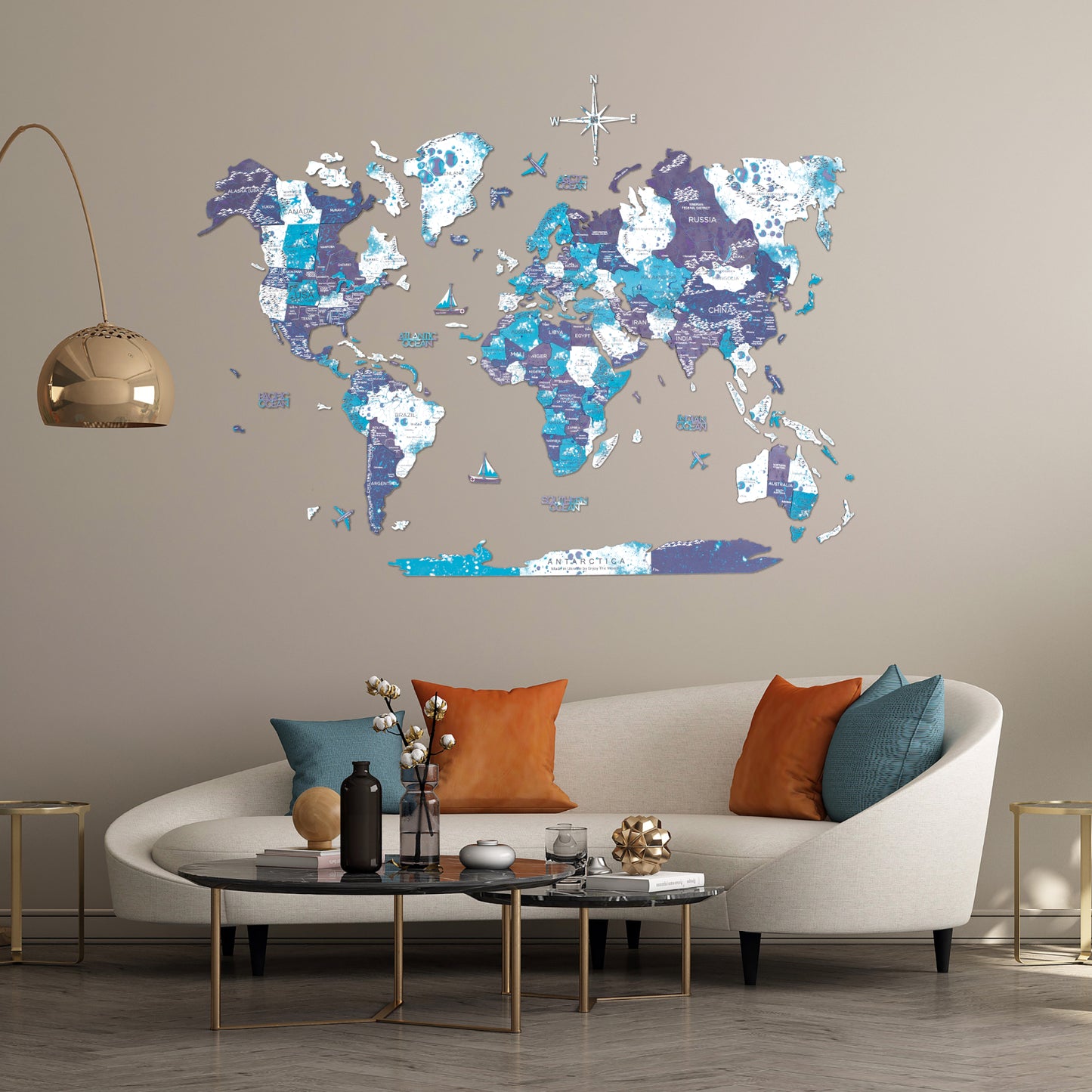 3D Wooden World Map Ocean