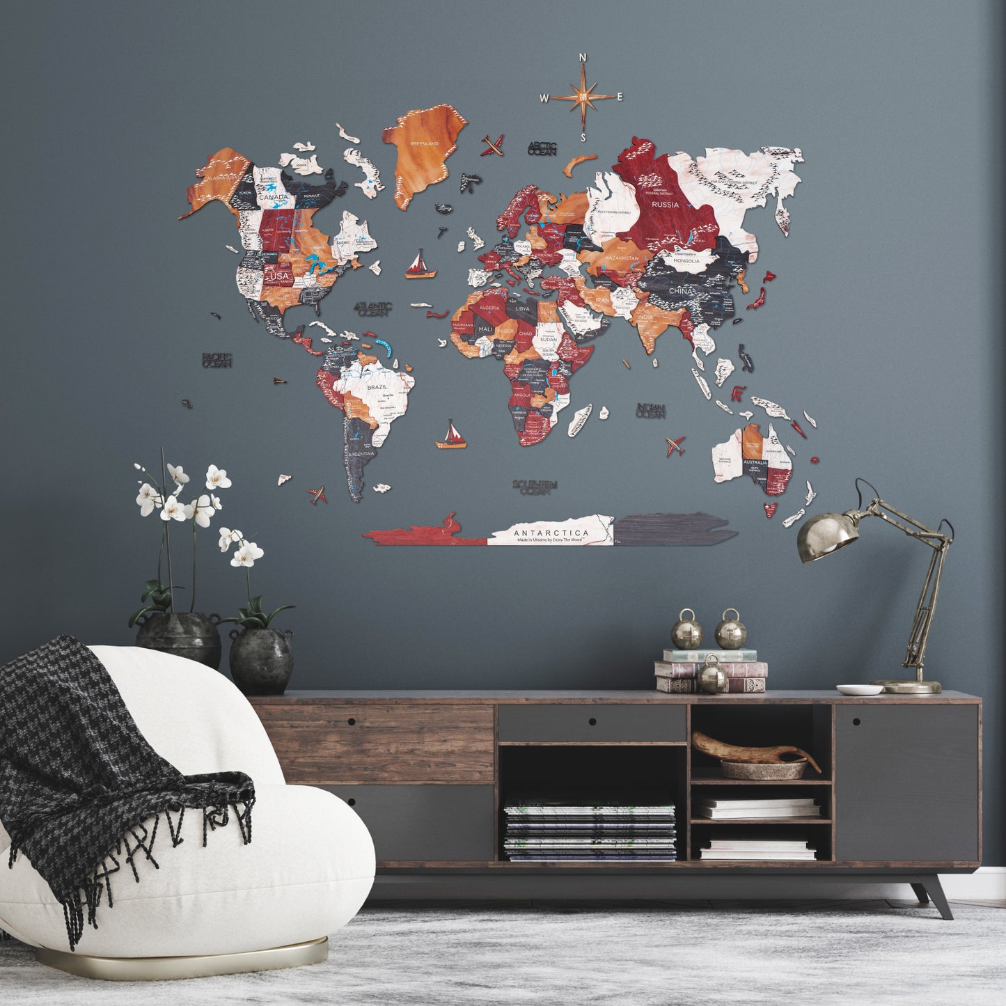 3D Wooden World Map Onyx