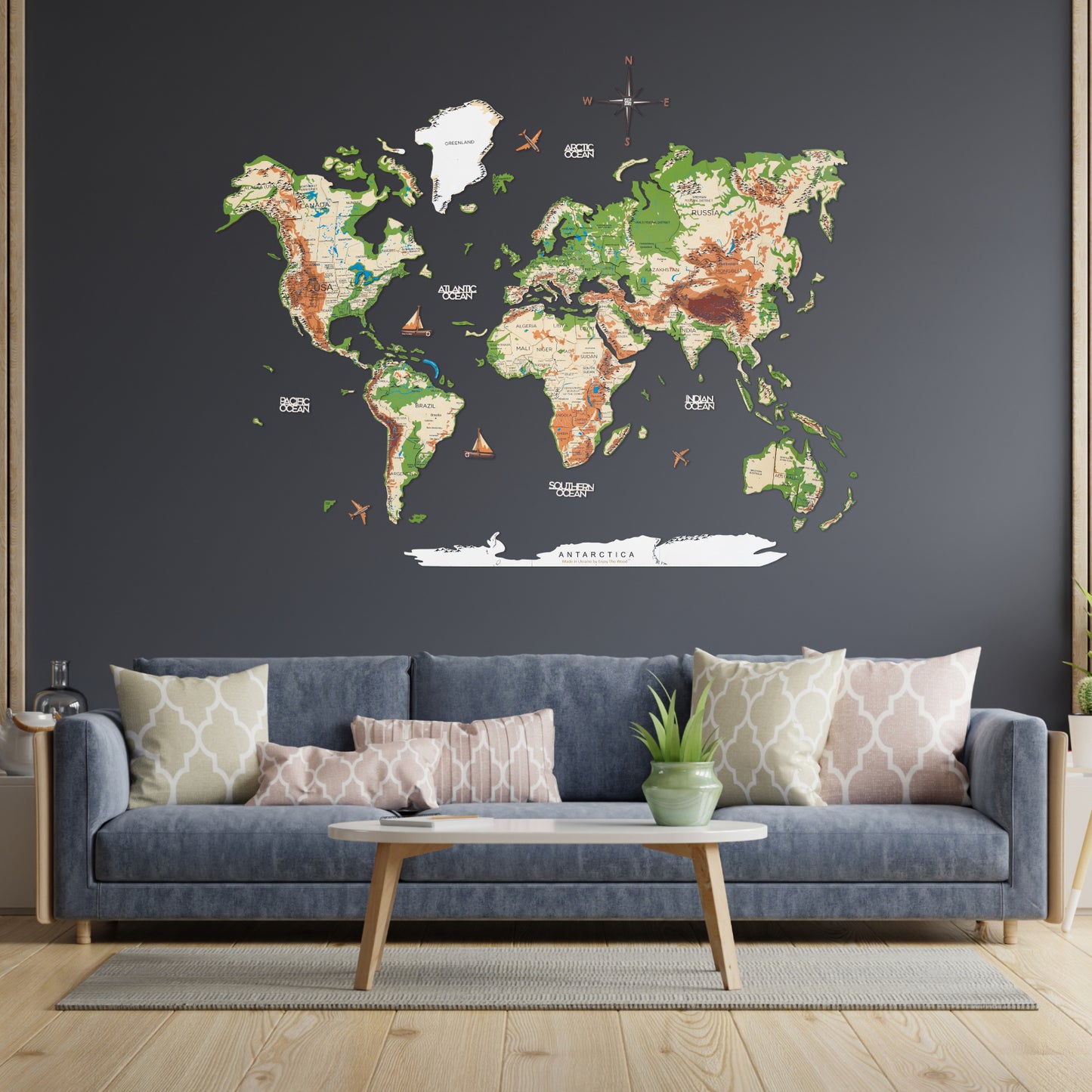 3D Wooden World Map Physical