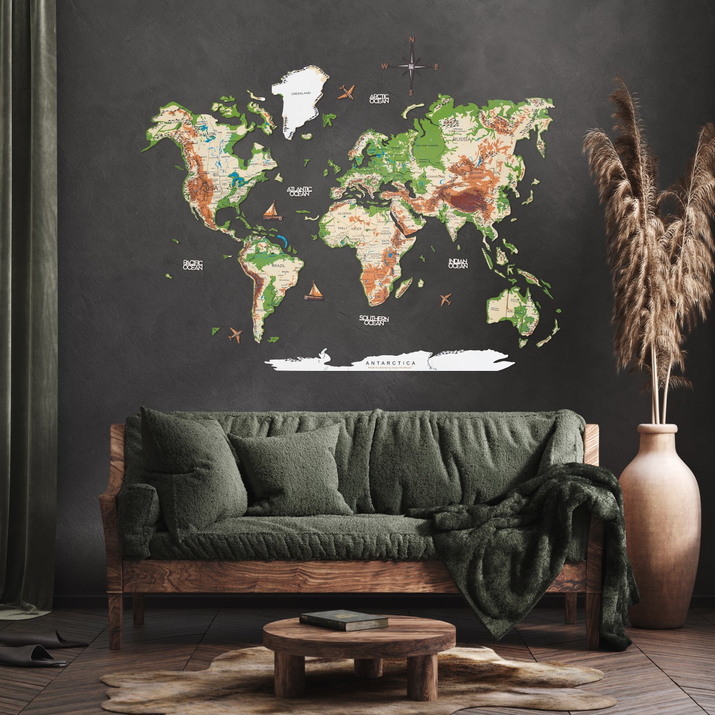 3D Wooden World Map Physical