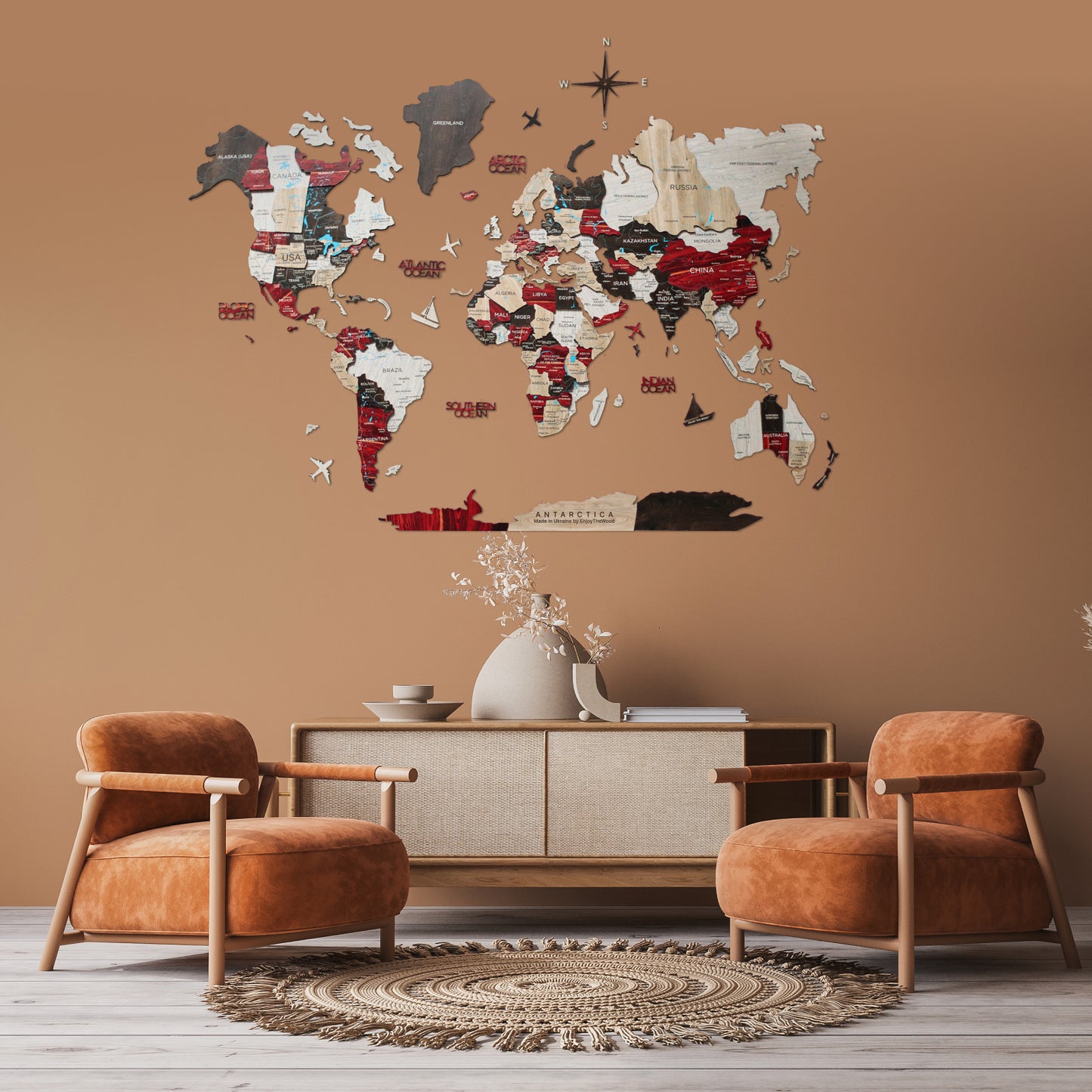 3D Wooden World Map Urban