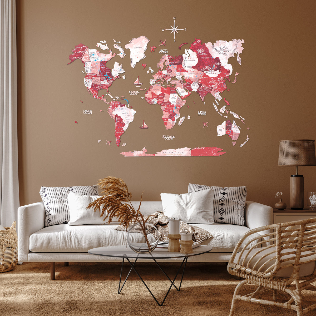 3D Wooden World Map Volcano
