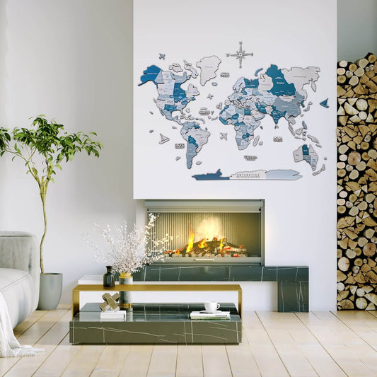 3D Wooden World Map Aqua