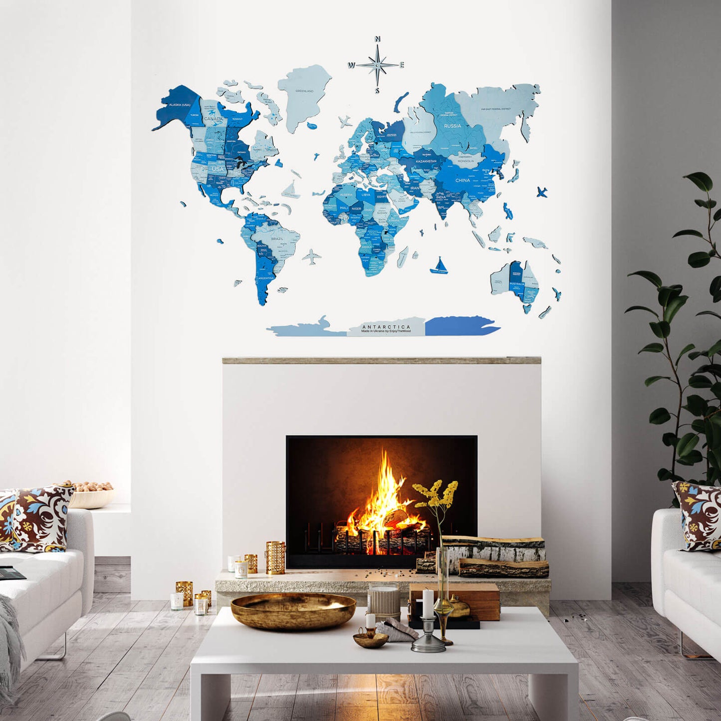 3D Wooden World Map Azure