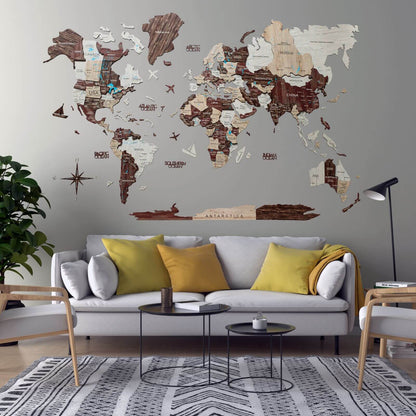 3D Wooden World Map Cappuccino