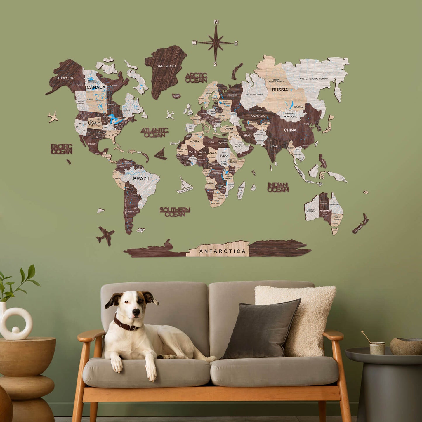 3D Wooden World Map Cappuccino