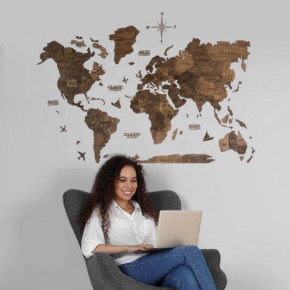 3D Wooden World Map Dark Walnut