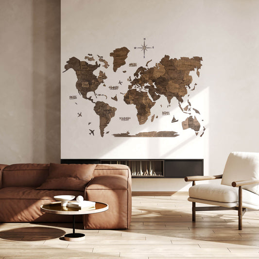 3D Wooden World Map Dark Walnut