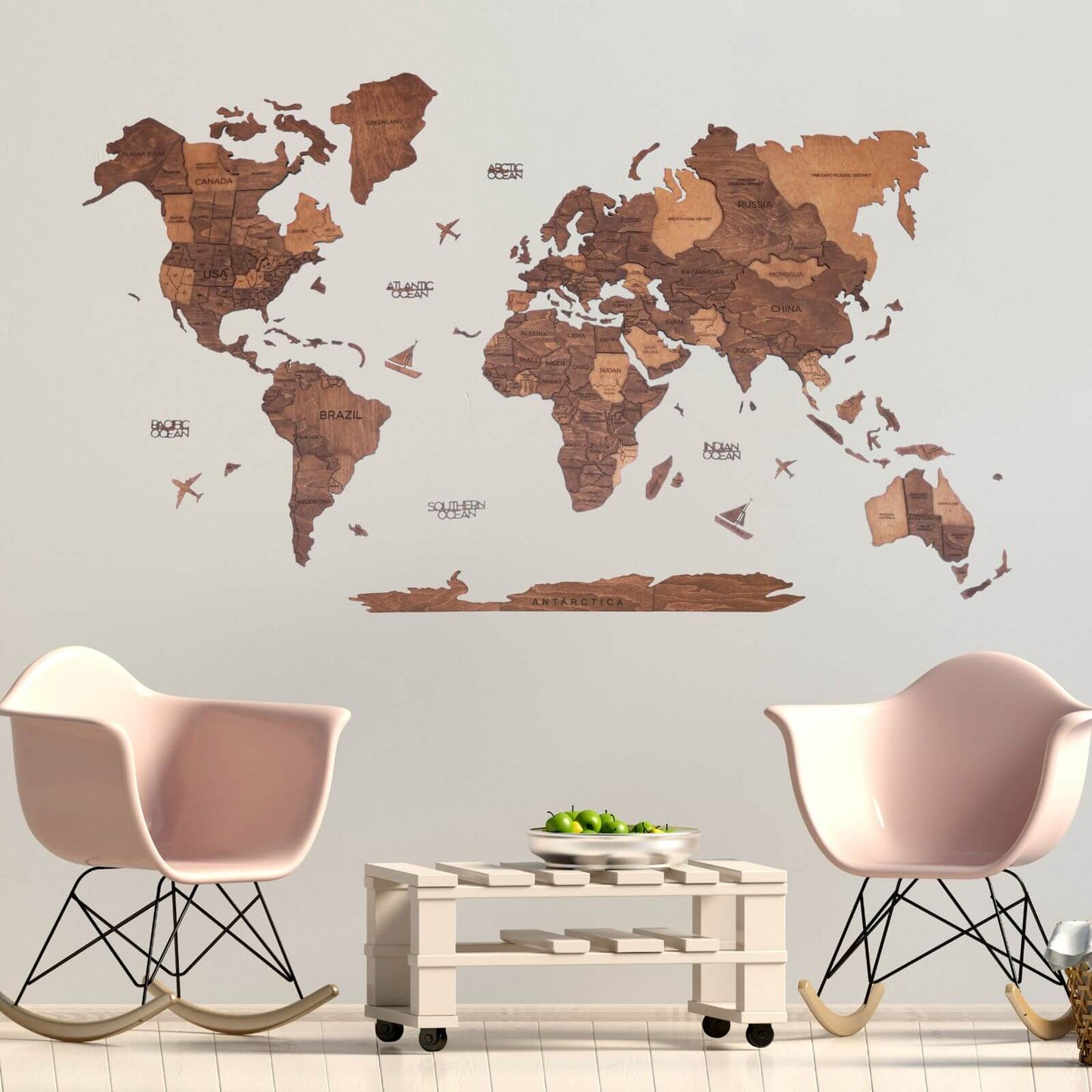 3D Wooden World Map Oak