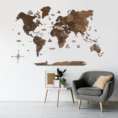 3D Wooden World Map Dark Walnut (for the USA only)