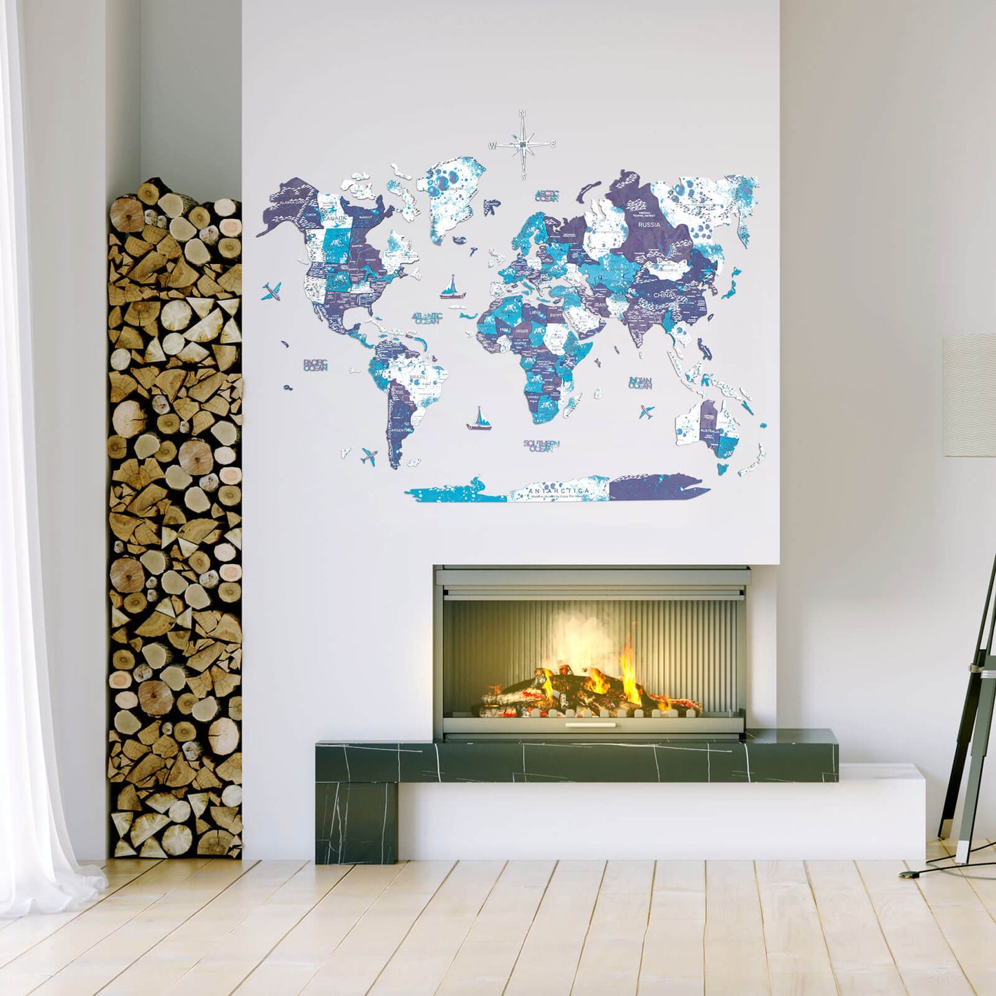 3D Wooden World Map Ocean