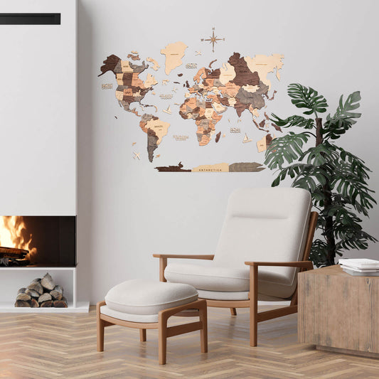 3D Wooden World Map Smokey